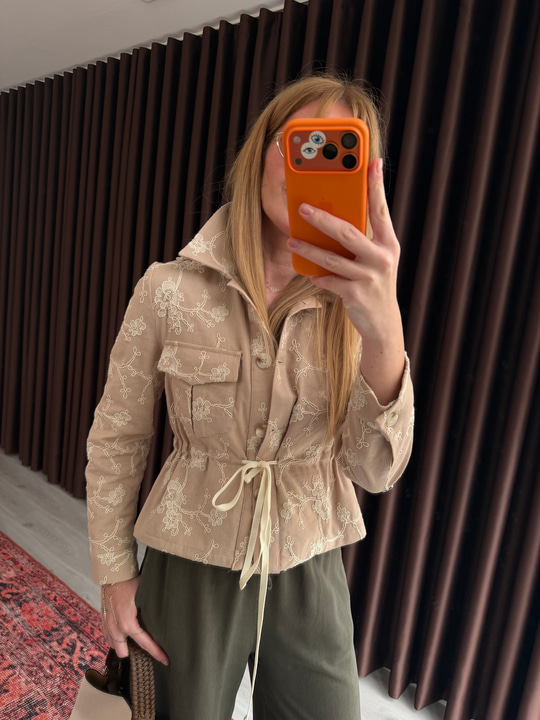 Nakışlı , Koyu Bej , Keten Bomber Ceket