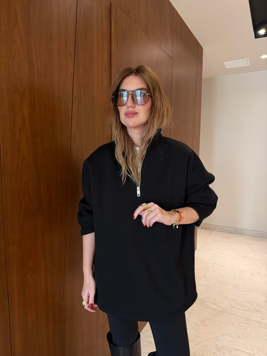 Yarım Fermuarlı , Yumuşacık , Siyah Sweatshirt