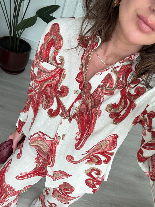 Bordo Desenli , Gömlek & Pantolon , Premium Tiril Takım
