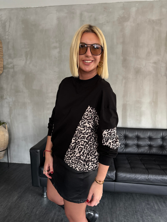 Leopar Desenli , Siyah Sweatshirt