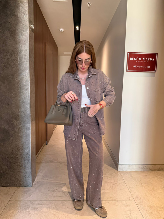 Orijinal Model , Full Taş İşlemeli , Vizon Jean Ceket