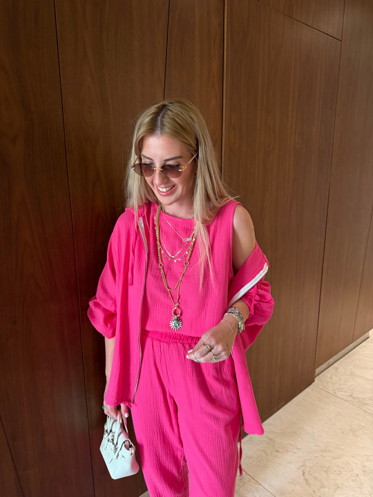 Pembe , Premium Üçlü Müslin Takım