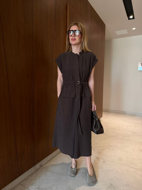 Orijinal Model , Kuşaklı & Cepli , Acıkahve Tencel Elbise