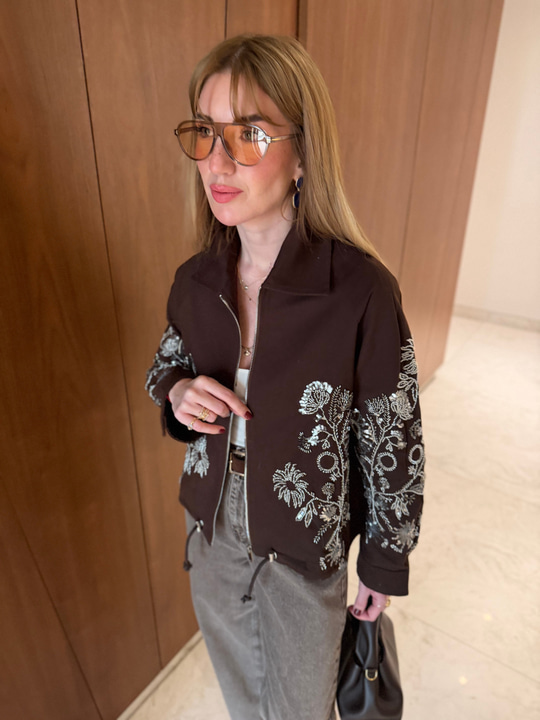 Pul & Taş İşlemeli , Acıkahve , Premium Gabardin Ceket
