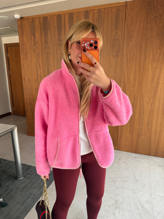Önden Fermuarlı Dik Yaka Pembe Teddy Mont