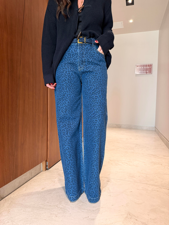 Leopar Desenli , Lacivert , Premium Palazzo Jean