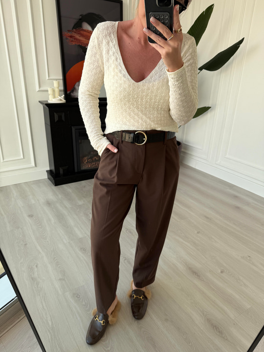 Premium Likralı Krep Kumaş , Kemerli Acı Kahve Pantolon