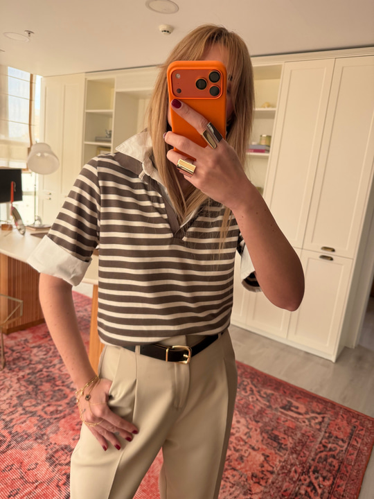 Vizon Çizgili, Poplin Detaylı Polo Yaka Modal Bluz