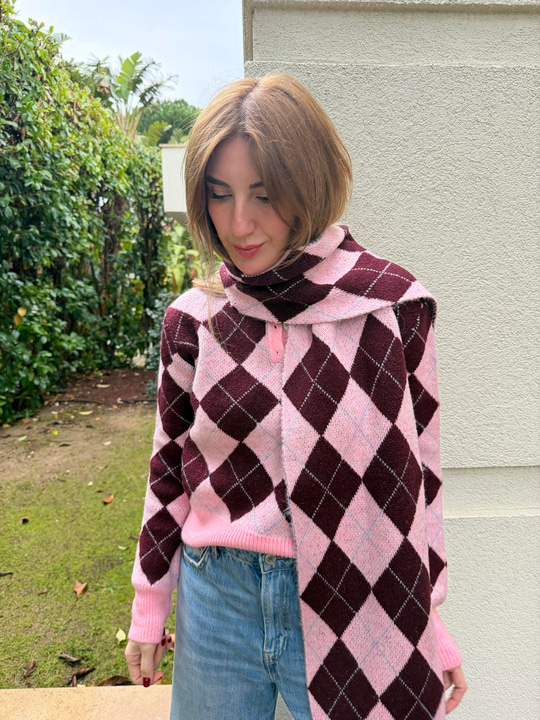 Bordo & Pembe , Atkılı , Baklava Desenli Triko