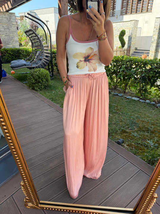 Beli Lastikli , Somon Rengi , Saten Pantolon