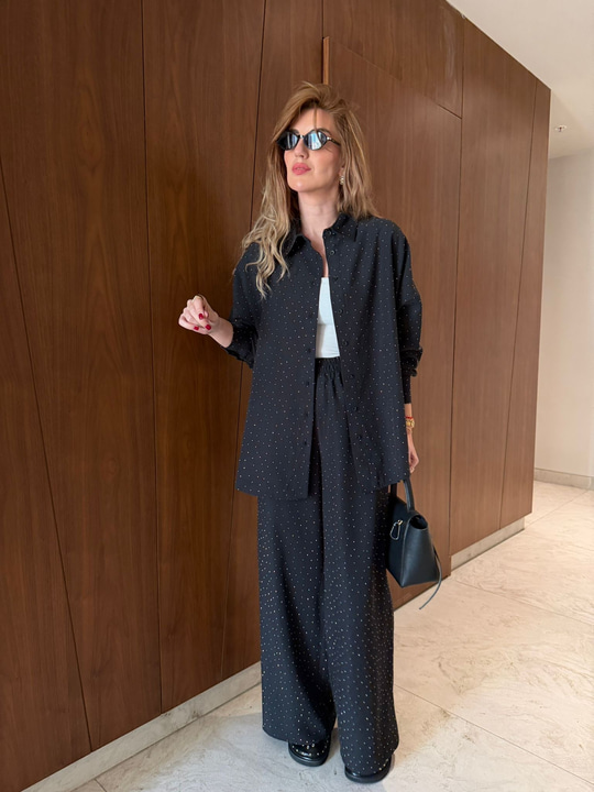 Siyah , Full Taşlı , Modal Tencel , Gömlek & Pantolon Takım