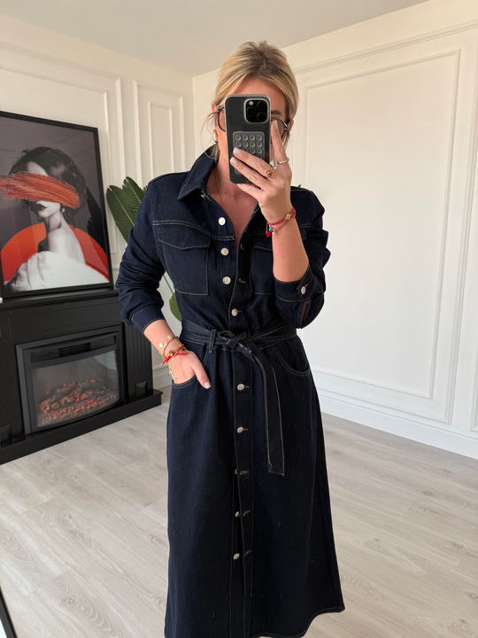 Premium Tencel Jean, Kuşaklı Gömlek Elbise