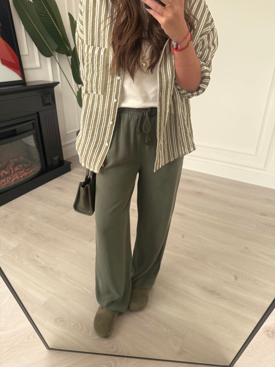 Haki, Beli Lastikli, Gabardin Tencel Premium Palazzo Pantolon
