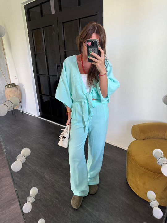 %100 Coton , Mint Yeşili , Önden Bağlamalı , Beli Lastikli , Müslim Takım