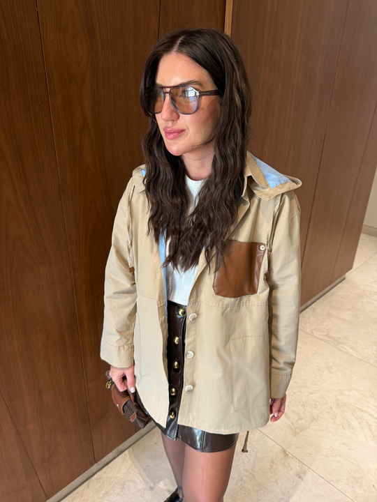 Orijinal Model , Deri Detaylı , Bej & Bebe Mavisi , Kapüşonlu Ceket