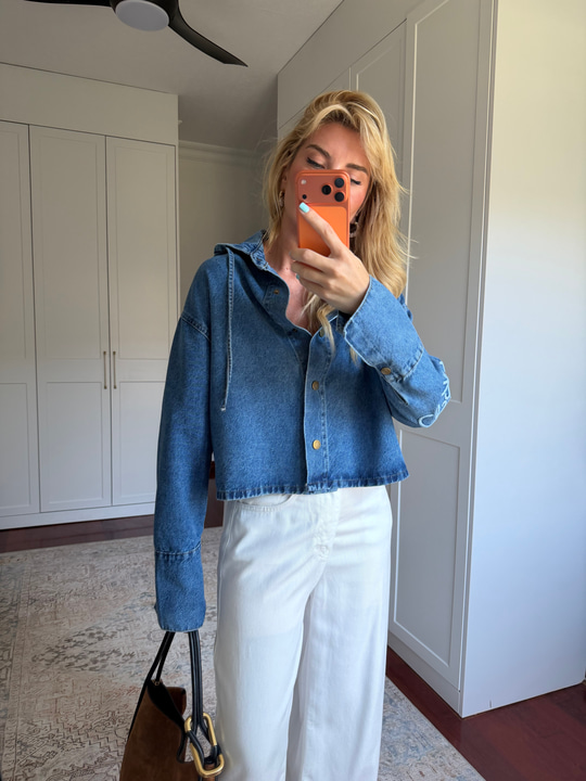 Mavi, Orijinal Model Kolu Nakış İşlemeli , Kapüşonlu , Premium Jean Ceket