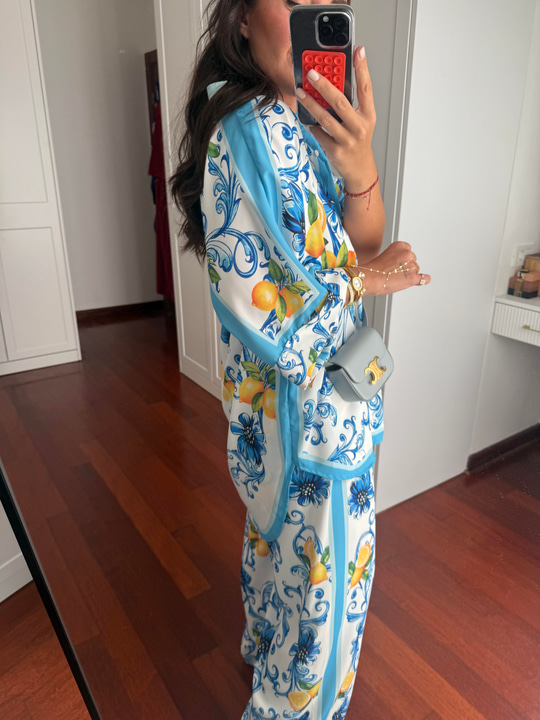 Limon & Mavili Desenli Özel Kumaş Gömlek Palazzo Takım