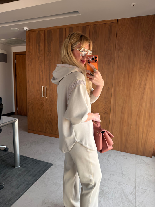 Bej Orijinal Model Boncuk Şeritli Premium Modal Elşofman Takımı
