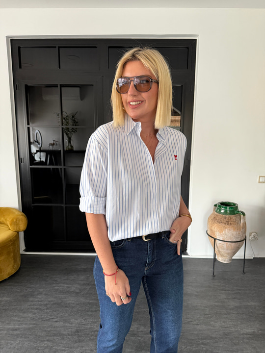 Orijinal Model , Kalp İşlemeli , Çizgili Tencel Gömlek