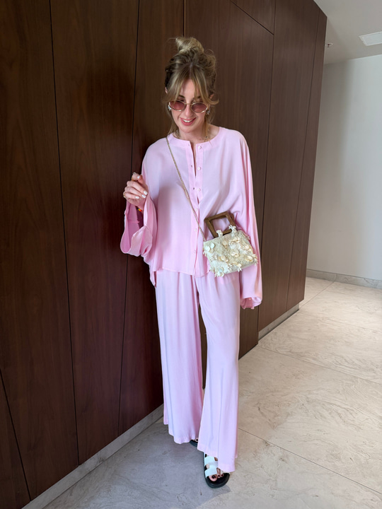 Premium Tencel Kumaş , Lastikli Pantolon & Gömlek , Pembe Takım