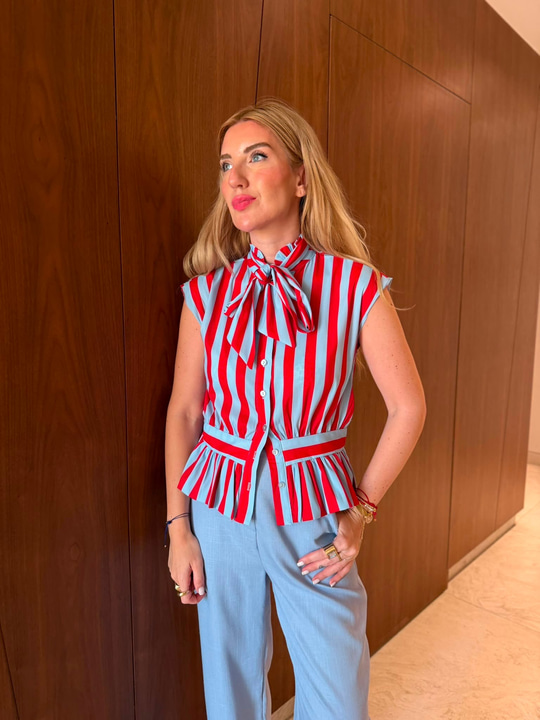 Orijinal Model , Kırmızı & Mavi Çizgili , Fularlı Gömlek