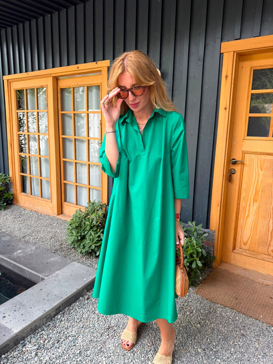 Polo Yaka , Yeşil Poplin Elbise
