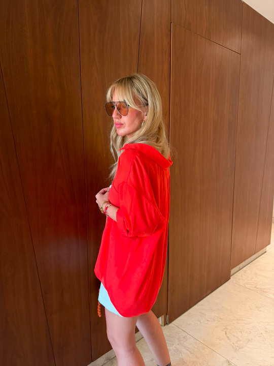 Kırmızı  , Tencel , Oversize Gömlek