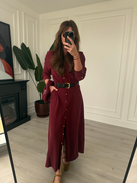 Premium Tok Tencel, Kemerli Bordo Gömlek Elbise