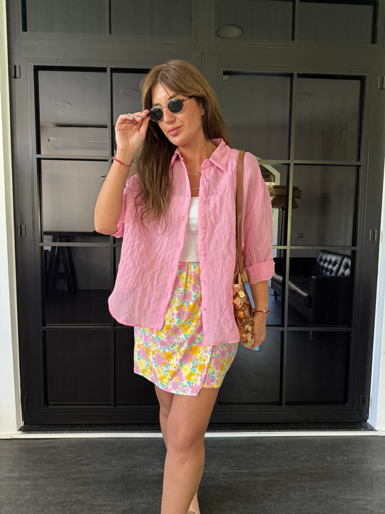 Pembe , Tiril , Oversize Gömlek
