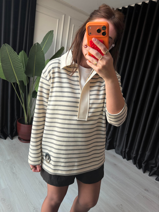 Yarım Fermuarlı , Siyah Çizgili , Polo Yaka Sweatshirt