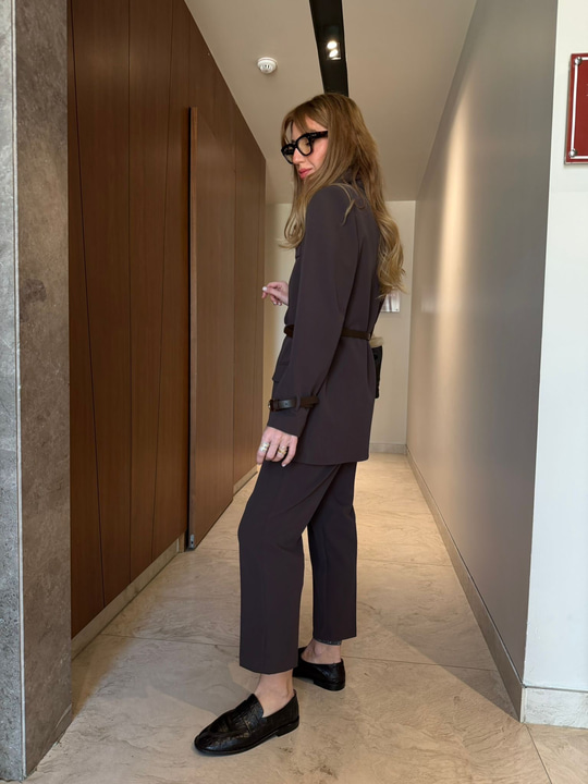 Orijinal Model , Premium , Acıkahve , Kemerli Blazer & Pantolon Takım