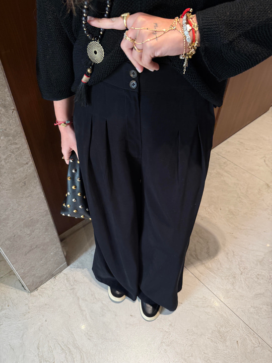 Premium , Arka Beli Lastikli , Siyah Tencel Palazzo