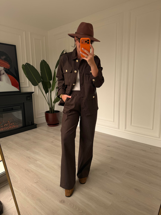 Düğme Detaylı, Kemerli Acıkahve Ceket & Pantalon Takım