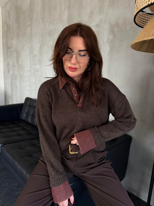Yakası Kot Detaylı , Acı Kahve Triko