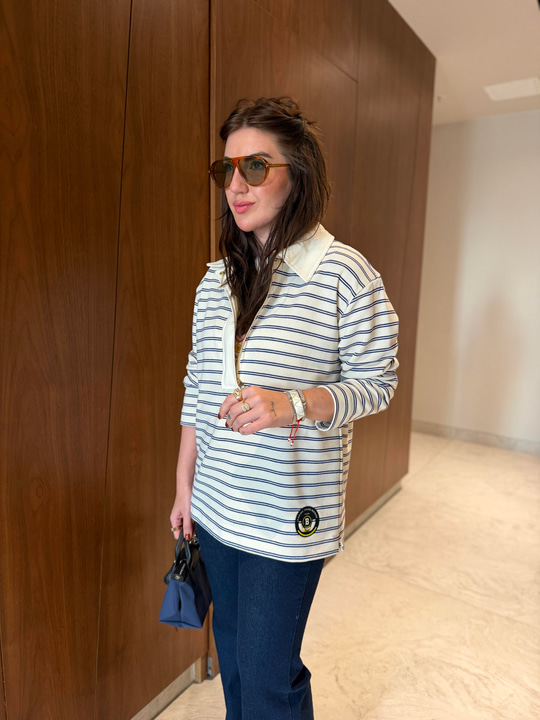 Yarım Fermuarlı , Lacivert Çizgili , Polo Yaka Sweatshirt