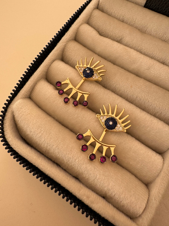 Bordo Zirkon Taç Sarkıtlı , Göz Küpe