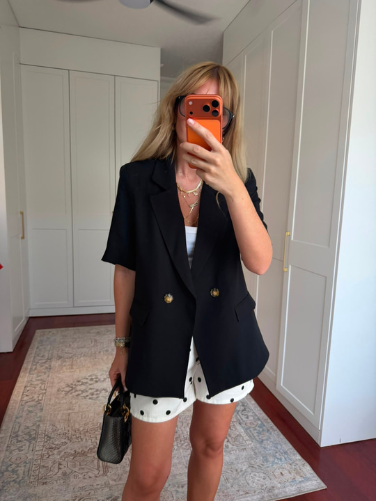 Tencel Dokuda , Kısa Kollu , Premium Siyah Blazer Ceket