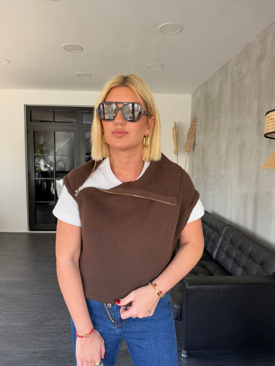 Yandan Fermuarlı , Acı Kahve Triko Süveter