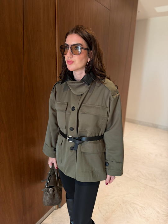 Orijinal Model , Deri Yakalı , Kemerli , Haki Trençkot