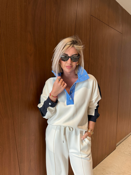 Yanı Paraşüt Detaylı , Çizgili Dik Yaka , Modal Sweatshirt