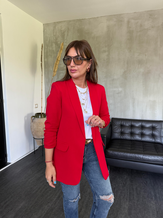 Orijinal Model , Kolu Büzgülü , Likralı , Kırmızı Blazer Ceket