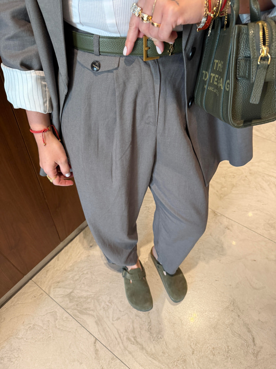 Düğme Detaylı , Premium , Haki Keten Pantolon