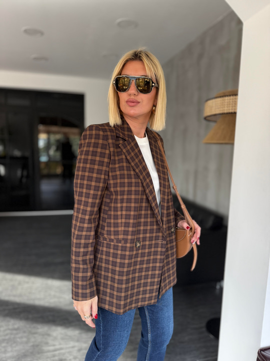 Kahverengi Ekoseli , Premium Blazer Ceket