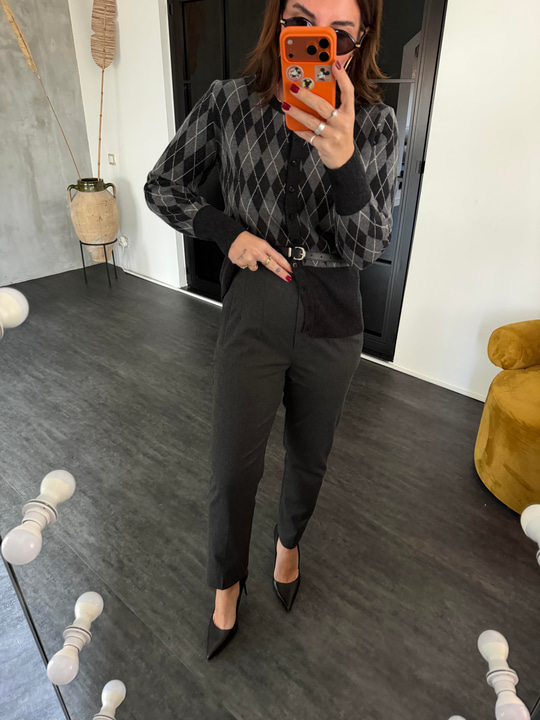 Premium Özel Dokulu , Gri , Flatolu Havuç Kesim Pantolon