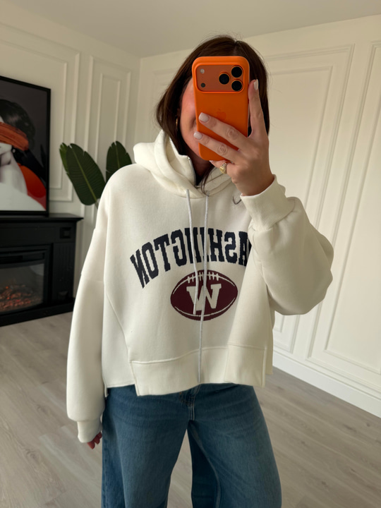 Yakası Fermuarlı , Kapüşonlu , Ekru Sweatshirt