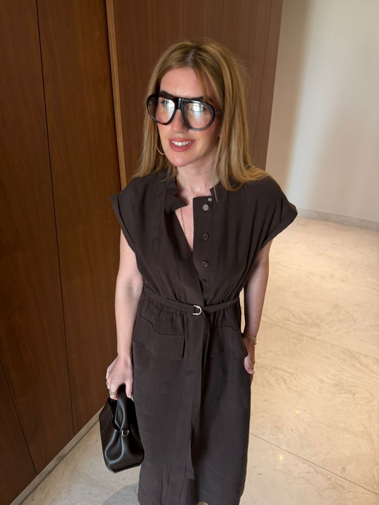 Orijinal Model , Kuşaklı & Cepli , Acıkahve Tencel Elbise