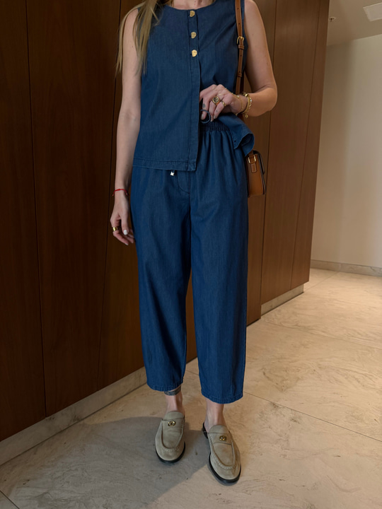 %100 Cotton Tencel , Baggy Pantolon & Yelek Bluz Jean Takım