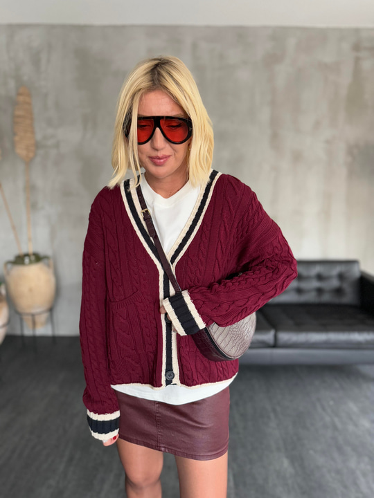 Premium Kalite , V Yaka , Bordo & Ekru , Triko Hırka
