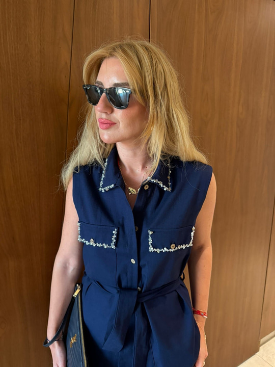 Orijinal Model , Taş İşlemeli , Yelek & Şehir Boy , Premium Lacivert Şort Takım