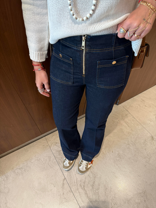 Önden Gold Düğme Detaylı , Likralı , İspanyol Jean Pantolon
